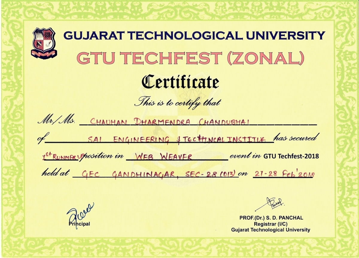 Certificate - GTU Techfest (Zonal) 2018