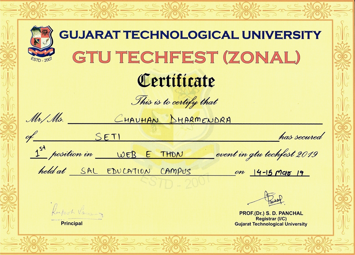 Certificate - GTU Techfest (Zonal) 2019